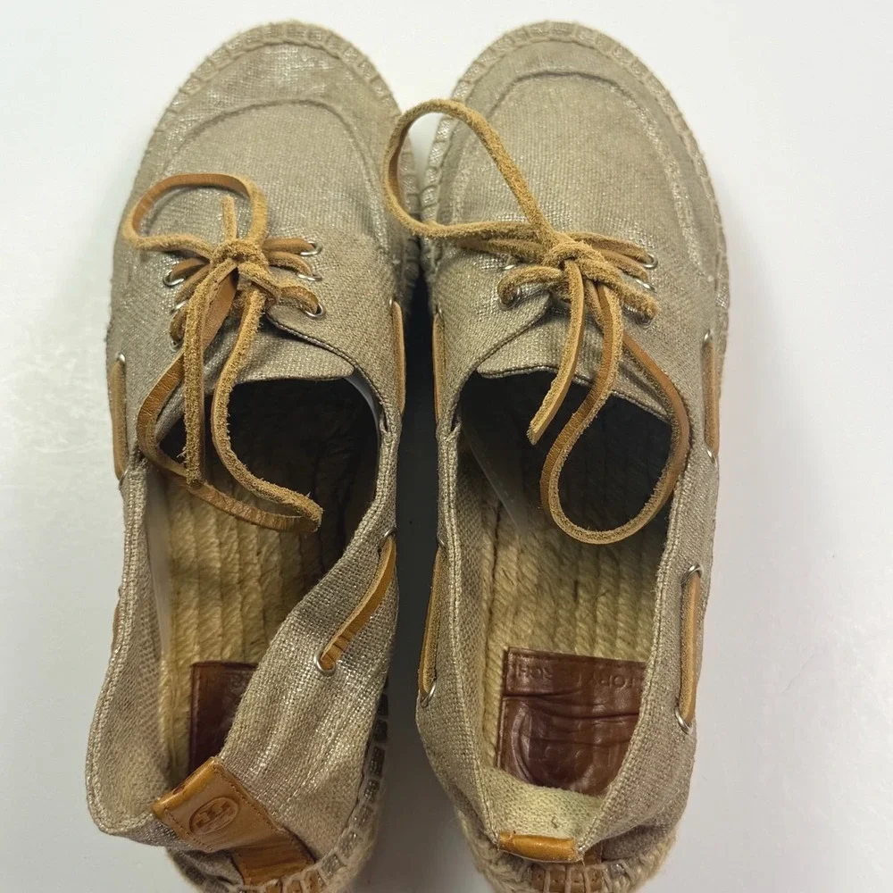 Tory Burch Metallic Gold Canvas Espadrille Boat Shoes Size 10 Made in Spain